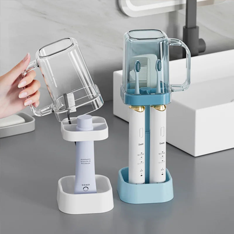 Bathroom Toothbrush Holder with Toothpaste Squeezer - 6 in 1 Wall Mount Organizer for Electric Brushes, Cups, Suction Cup Storag
