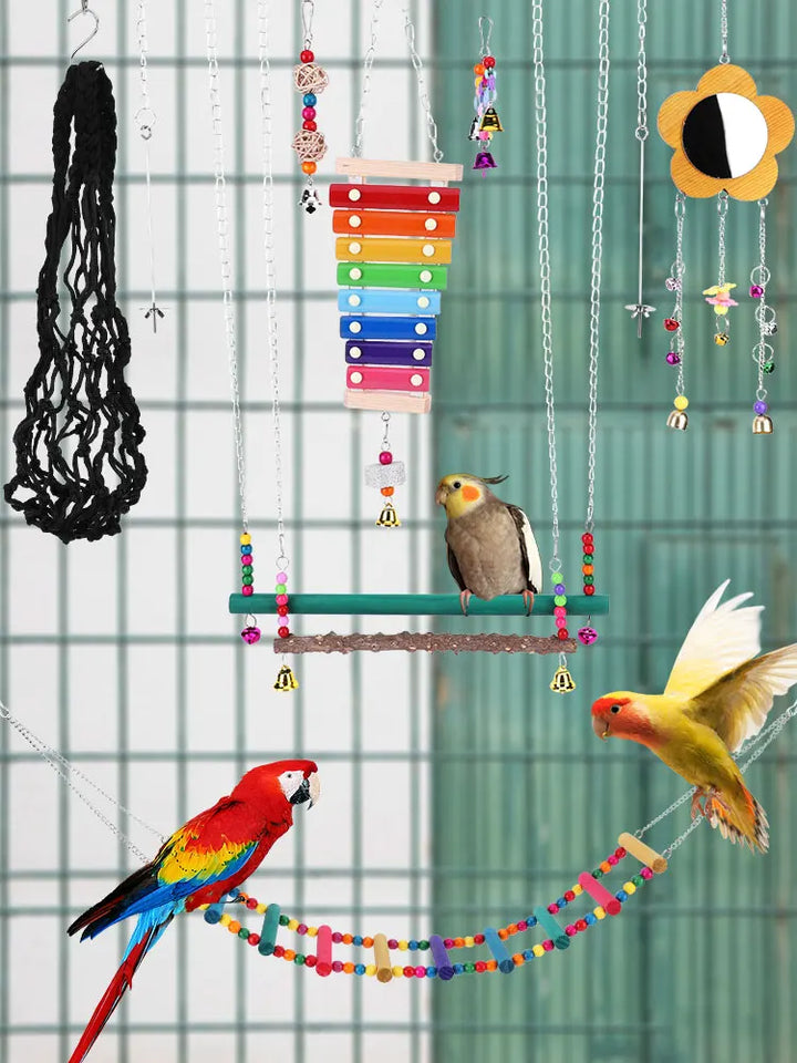 10PCS Bird Toys Set Swing Chewing Training Toys Bird Perch Stand Parrot Toy for Budgerigar Parakeet Conure Cockatiel Mynah