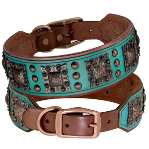 2inch Wide Luxury Genuine Leather Dog Collar Cool Spikes Dog Collars Durable Metal Rivet Collars for Pitbull German Shepherd
