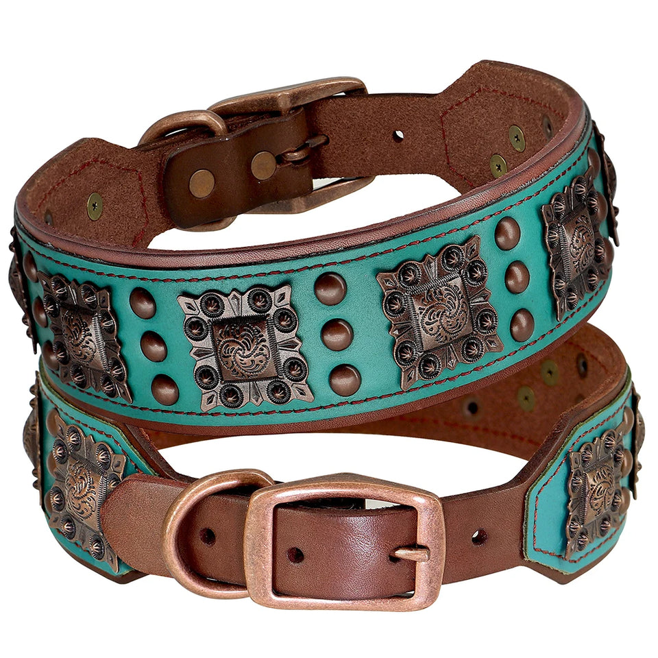 2inch Wide Luxury Genuine Leather Dog Collar Cool Spikes Dog Collars Durable Metal Rivet Collars for Pitbull German Shepherd