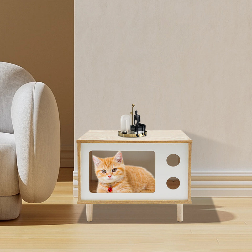 TV Stand Cat House, Mid Century Modern Cat Bed Indoor, Wooden Cat Condo W/ Scratcher, Solid Wood Pet Furniture for Multiple Cats
