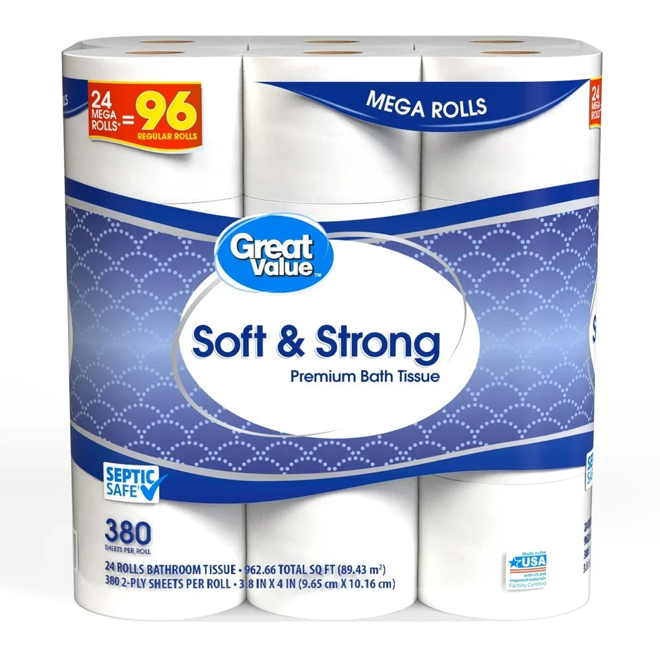 Soft Strong Premium Toilet Paper 24 Mega Rolls 380 Sheets 2 Ply Septic Safe Absorbent Gentle Cleaning Unscented Household