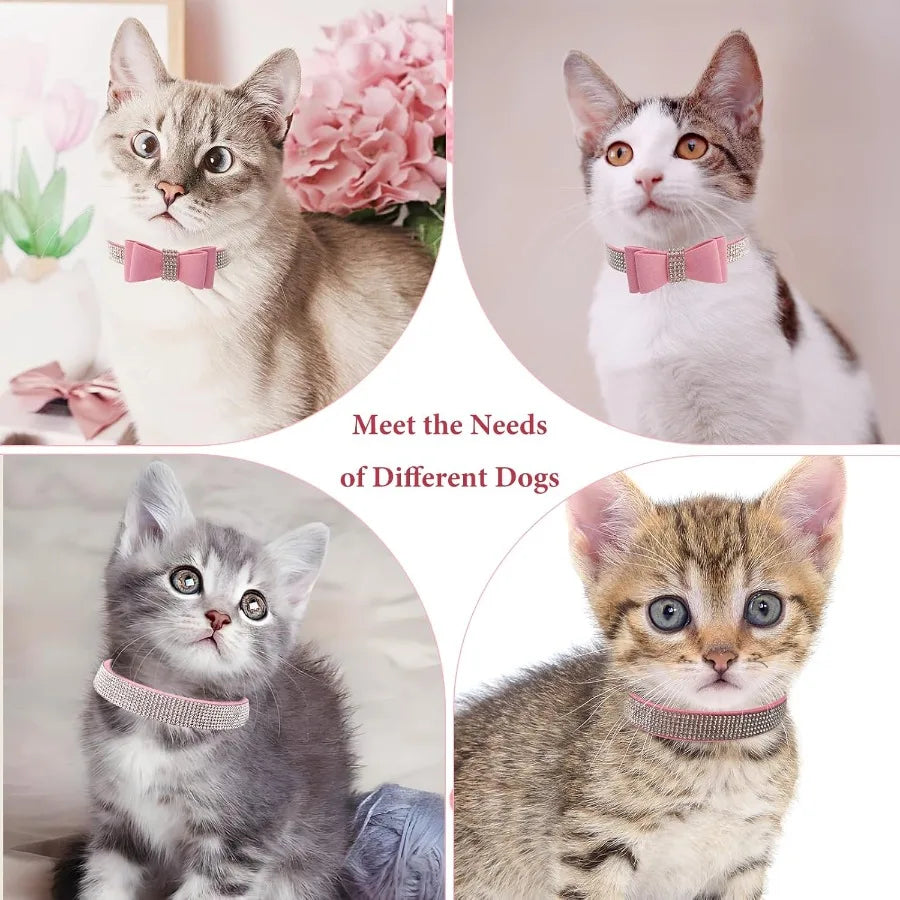 Pink Rhinestone Dog Collar XXS 2Pack Bling Kitten Collar Soft Suede Glitter Diamond Jewelry Crystal Girl Puppy Collar with Bow