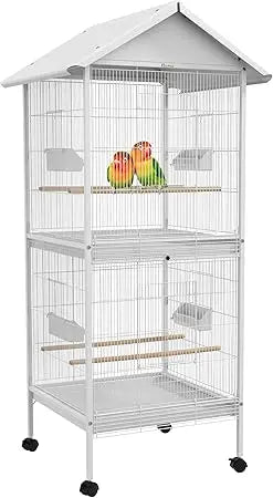 Wrought Metal Bird Cage Feeder with Rolling Stand Perches Food Containers Doors Wheels 67" H, White