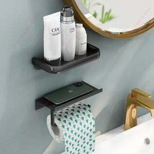 Aluminum Alloy Toilet Paper Holder Shelf With Tray Bathroom Accessories Kitchen Wall Hanging Punch-Free Toilet Paper Roll Holder