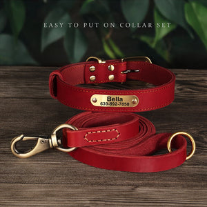 Personalized Dog Collar Leash Set Durable Genuine Leather Dog Collars Engraved Pet ID Necklace With Lead For Small Large Dogs