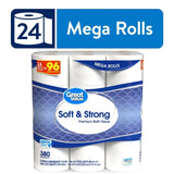 Soft Strong Premium Toilet Paper 24 Mega Rolls 380 Sheets 2 Ply Septic Safe Absorbent Gentle Cleaning Unscented Household