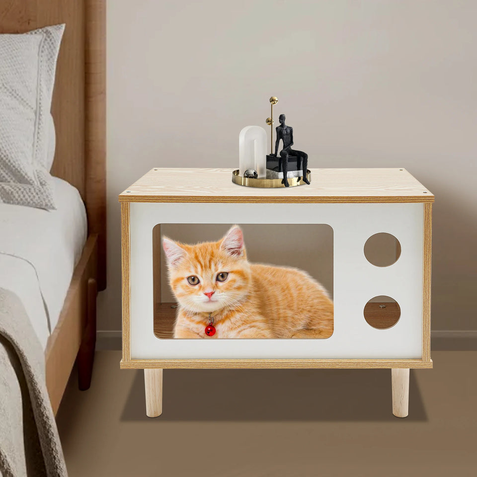 TV Stand Cat House, Mid Century Modern Cat Bed Indoor, Wooden Cat Condo W/ Scratcher, Solid Wood Pet Furniture for Multiple Cats