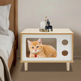 TV Stand Cat House, Mid Century Modern Cat Bed Indoor, Wooden Cat Condo W/ Scratcher, Solid Wood Pet Furniture for Multiple Cats