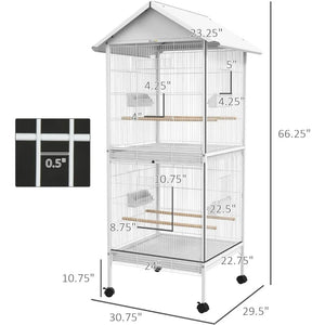 Wrought Metal Bird Cage Feeder with Rolling Stand Perches Food Containers Doors Wheels 67" H, White