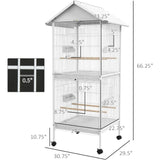 Wrought Metal Bird Cage Feeder with Rolling Stand Perches Food Containers Doors Wheels 67" H, White