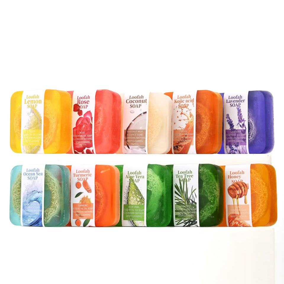 S+100g  Lavender Loofah Essential Oil Soap Handmade Facial Cleanser with Kojic Acid Body Shower Mud Whitening Lemon Fragran