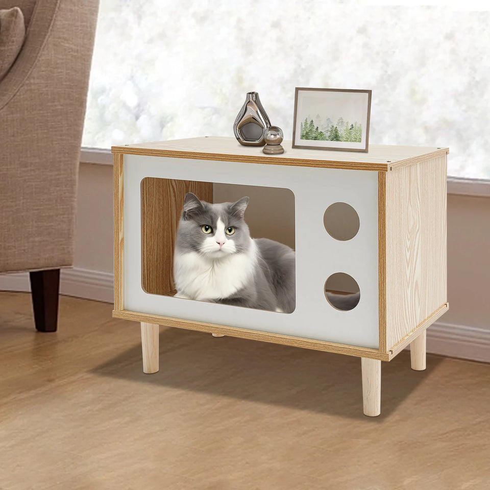 TV Stand Cat House, Mid Century Modern Cat Bed Indoor, Wooden Cat Condo W/ Scratcher, Solid Wood Pet Furniture for Multiple Cats