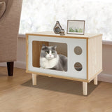 TV Stand Cat House, Mid Century Modern Cat Bed Indoor, Wooden Cat Condo W/ Scratcher, Solid Wood Pet Furniture for Multiple Cats