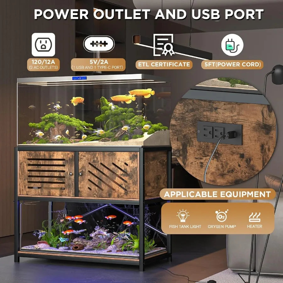 4050 Gallon Fish Tank Stand with Builtin Power Outlets and LED Lighting for Home Aquarium Setup Durable Metal Frame with Storag