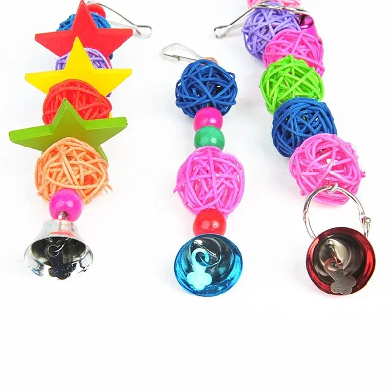 Parrot Chew Strands Wooden Bird Parakeet Bite Molar Toys Rattan Ball With Bell For Pet Bird Cage Hangable Chewing Toy Bird Items